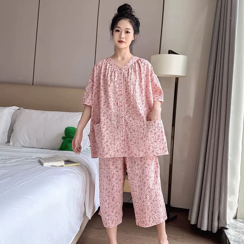 睡衣女胖MM夏季新款200斤纯棉短袖七分裤碎花家居服宽松大码套装