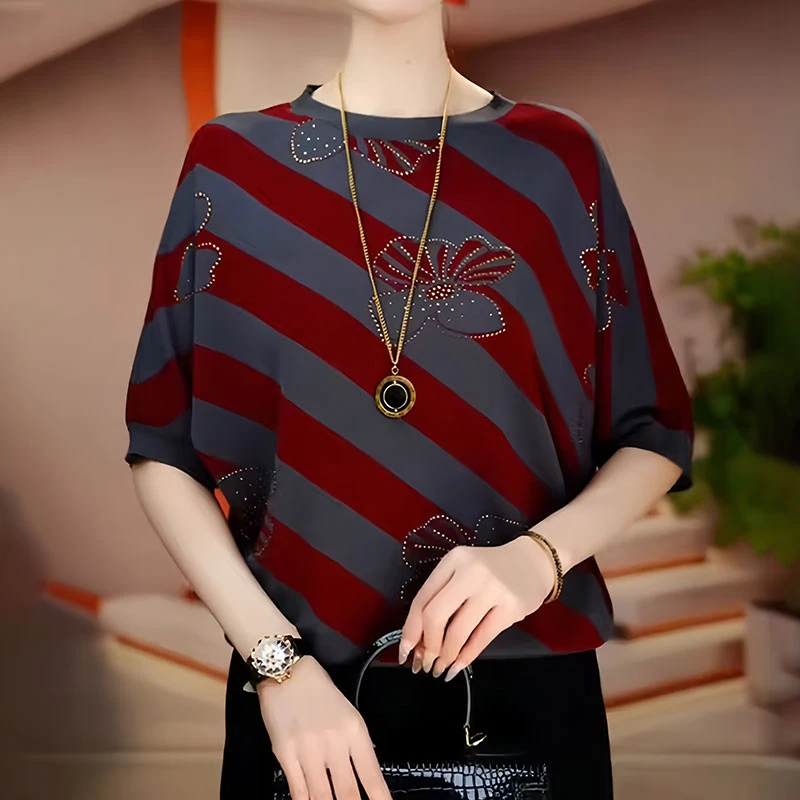 2025夏季设计感条纹t恤女新款宽松时尚洋气休闲减龄亮丝短袖上衣
