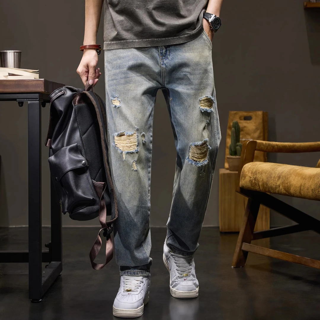 U&PURA美式复古水洗做旧乞丐破洞牛仔裤男士夏季2025新款宽松纯棉