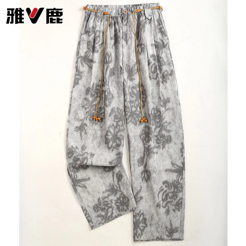 V/雅鹿复古腰果花垂感阔腿裤女2025夏季松弛感裤子直筒拖地休闲裤