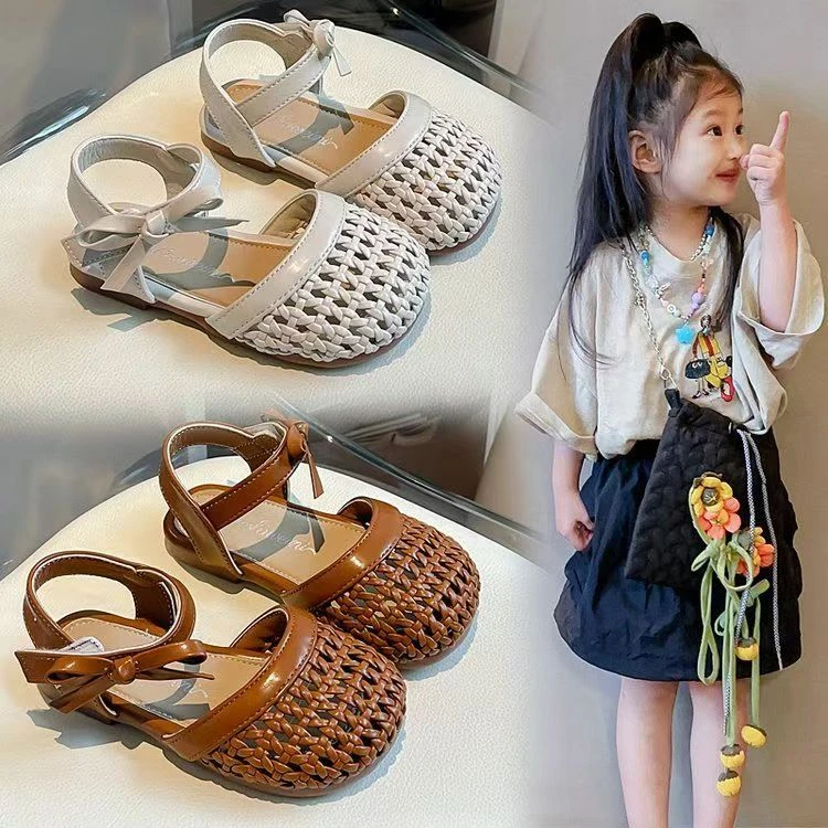 夏季新款2025休闲简约透气编制凉鞋包头蝴蝶结儿童舒适沙滩凉鞋