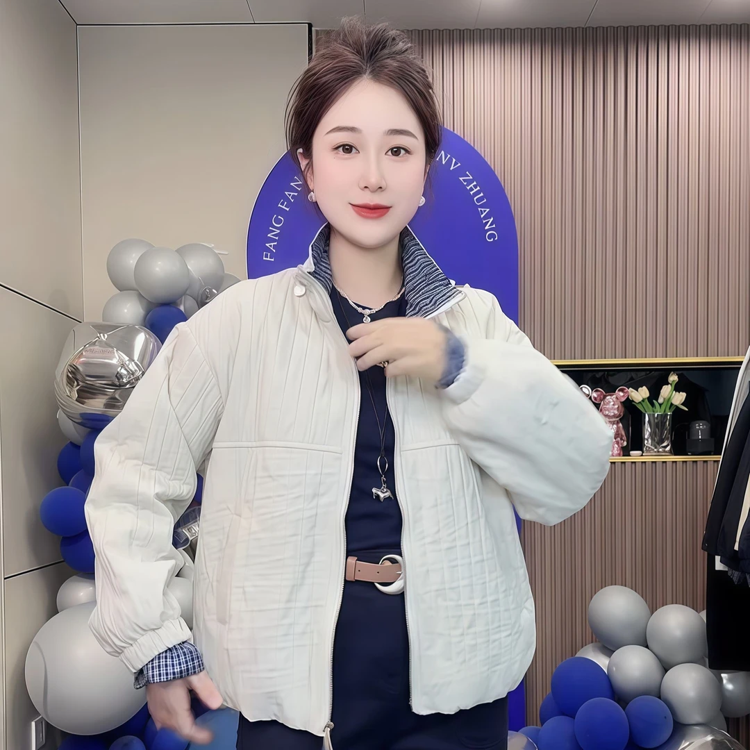 2025简约风二棉纯色短款格子立领拼接加棉外套女款爆款2025棉服