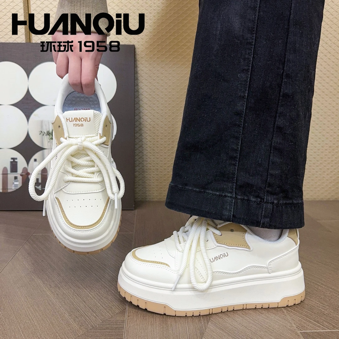 HUANQIU/环球2024新款运动舒适女板鞋韩版百搭厚底学生休闲小白鞋