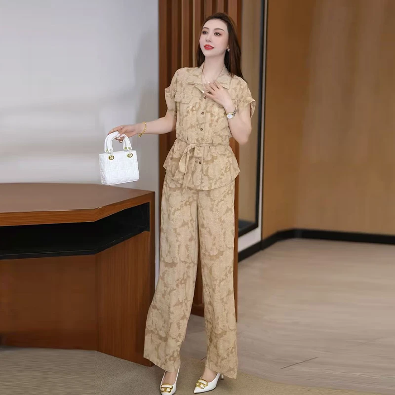 小个子休闲拼接短袖套装女2025年夏季新款时髦显瘦阔腿裤两件套潮