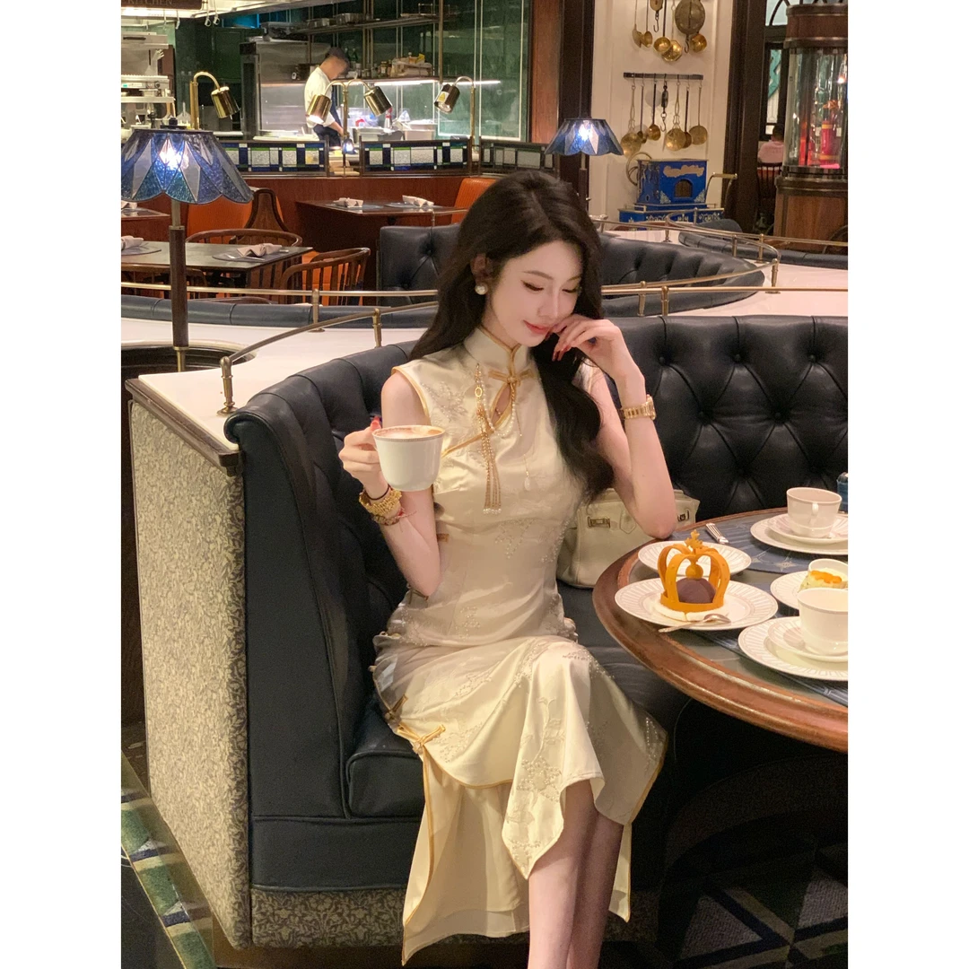 【雅乔定制】人间水仙 新中式国风重工钉珠立领旗袍裙DYZY-25017506