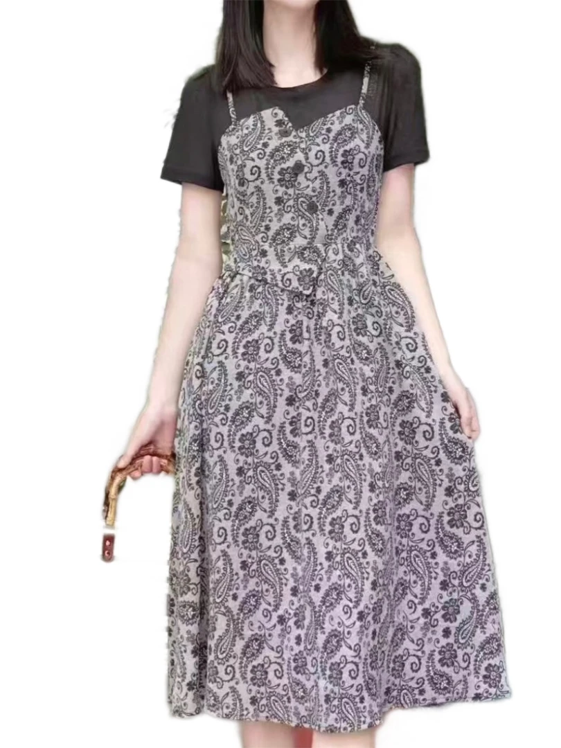 夏季新款48单层圆领拼接碎花收腰显瘦气质中长款连衣裙108长法式