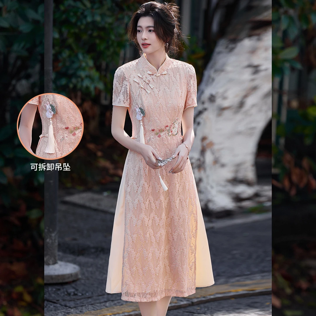 【商场同款新品】白鹿语镂空绣花流苏装饰中式开叉连衣裙HU20155