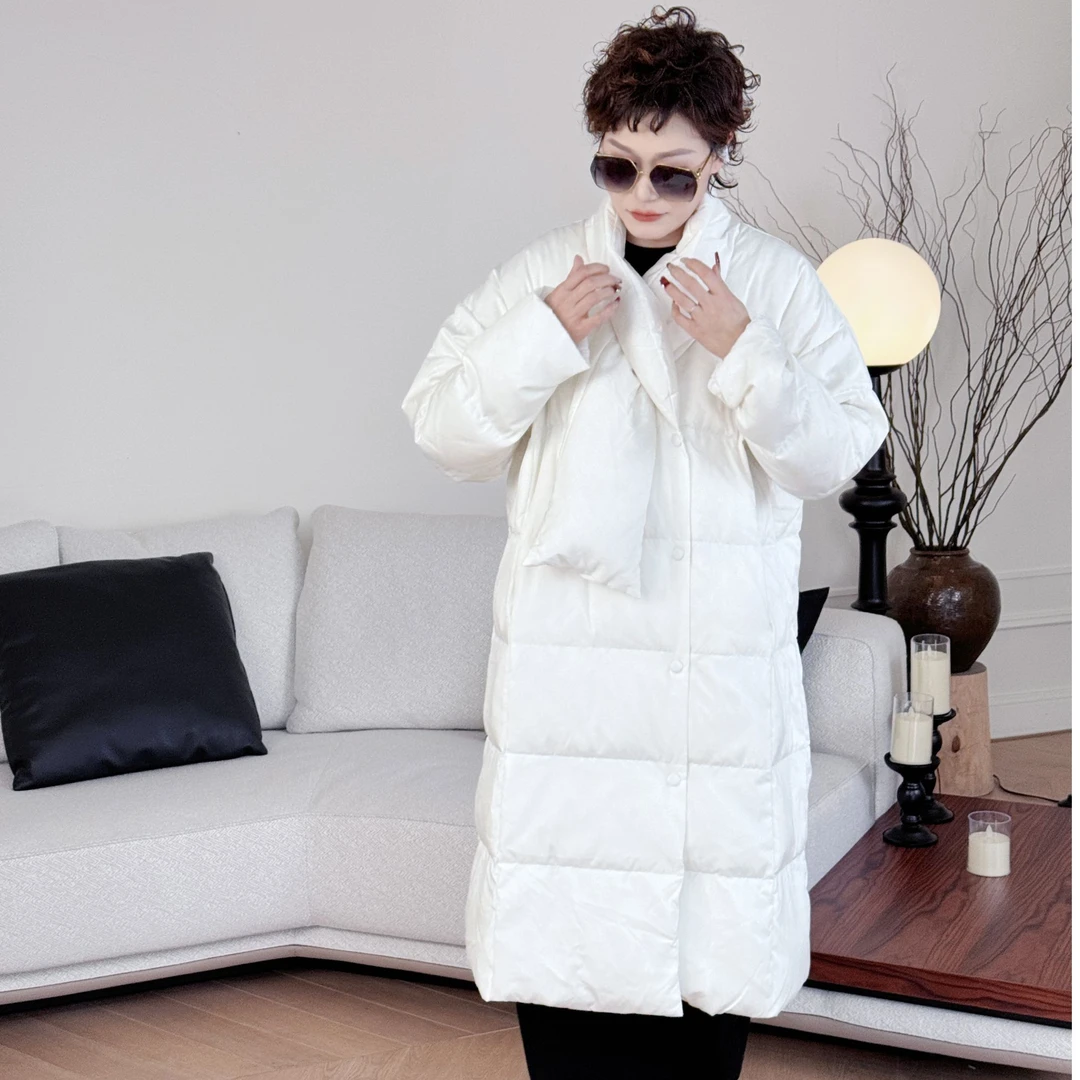 设计感小众中长款冬季保暖挡风过膝白鸭绒羽绒服
