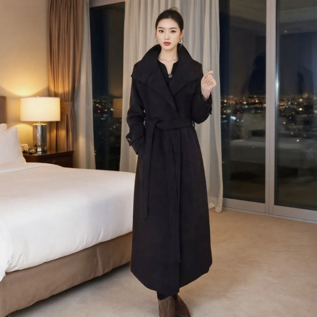 羊毛大衣气质时尚高领加厚保暖冬季加绒毛呢外套长款过膝时尚高级