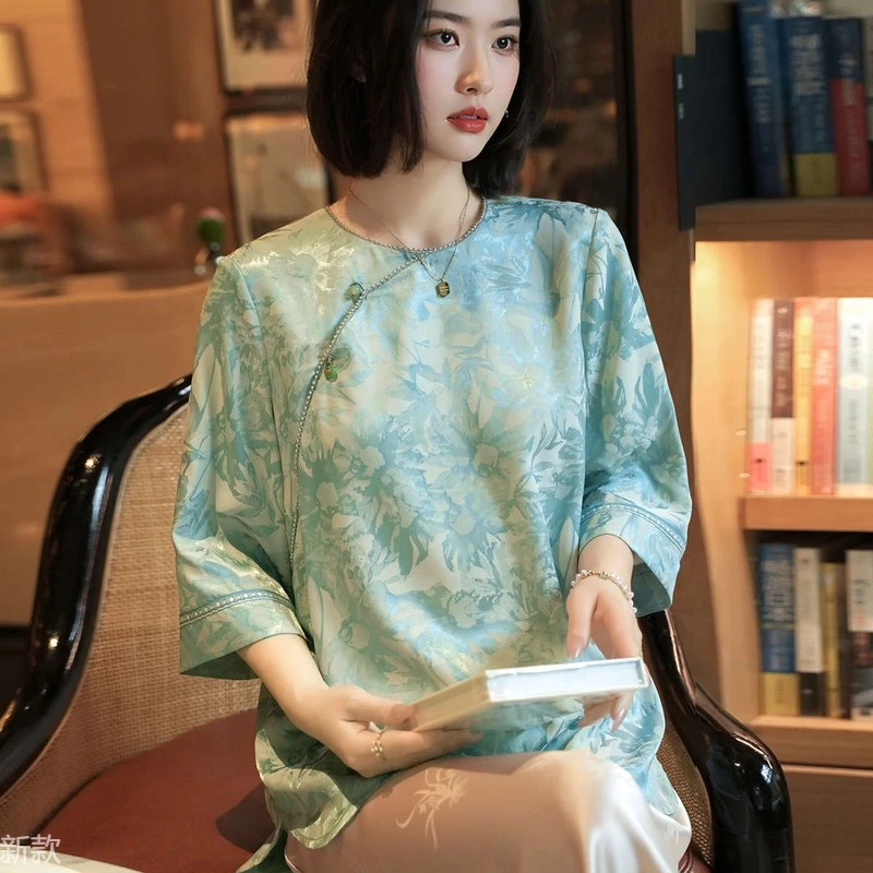 气质高级新中式上衣国风桑蚕丝衬衫女夏季五分袖提花宽松显瘦衬衣