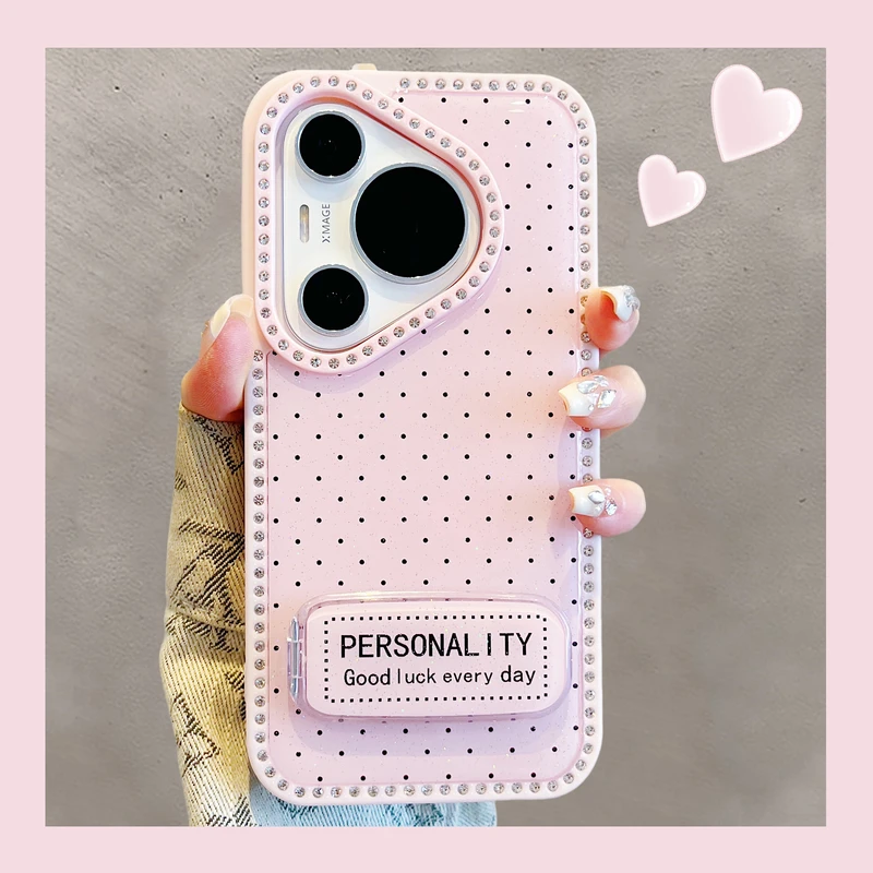 适用华为pura70pro+手机壳韩系ins双面闪钻波点镜子支架70Ultra女