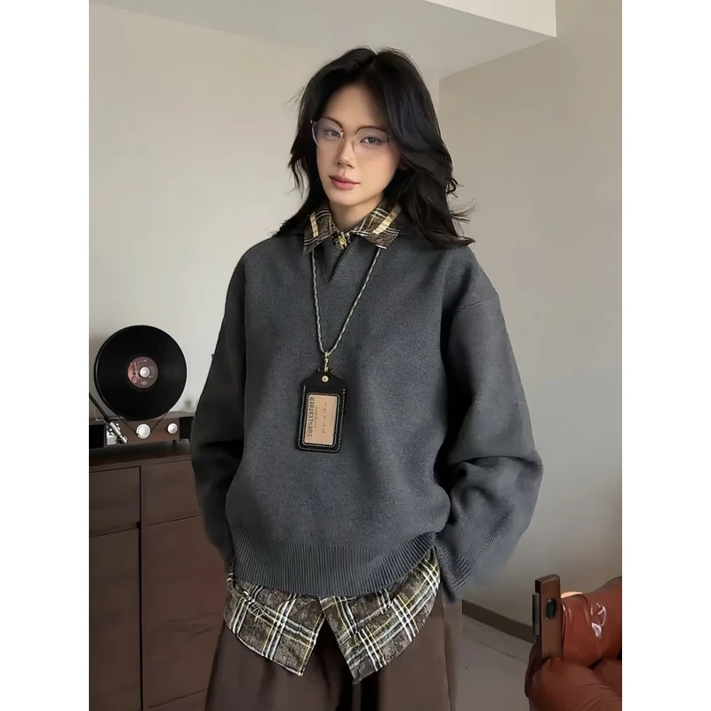老钱风polo领针织衫男女款秋季长袖灰色V领毛衣慵懒风松弛感穿搭