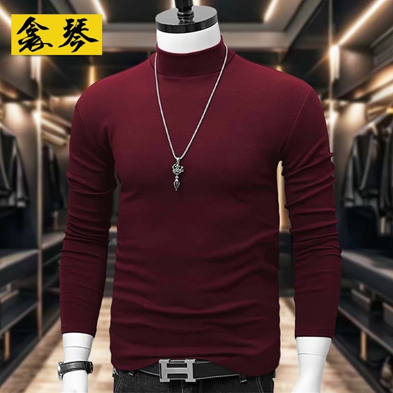 【新款】加绒加厚保暖T恤男士休闲外穿打底上衣半高领德绒纯色长袖