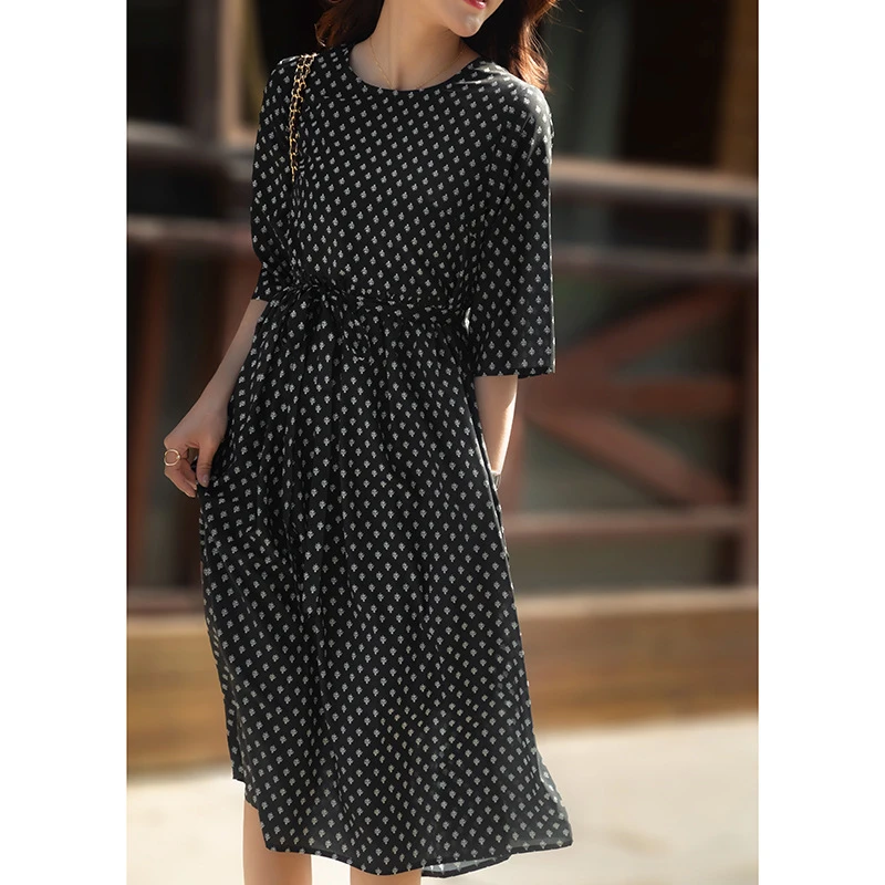 2025春季新款雪纺黑色赫本风中长裙高腰连衣裙4495