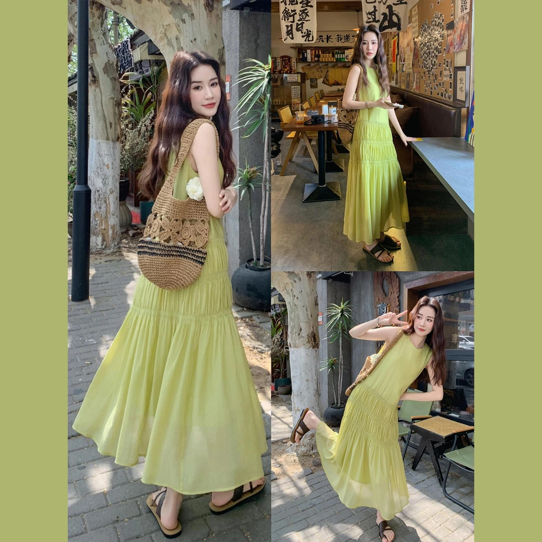 【现货+运补】海边度假绿色背心吊带连衣裙女夏小个子气质长裙4585