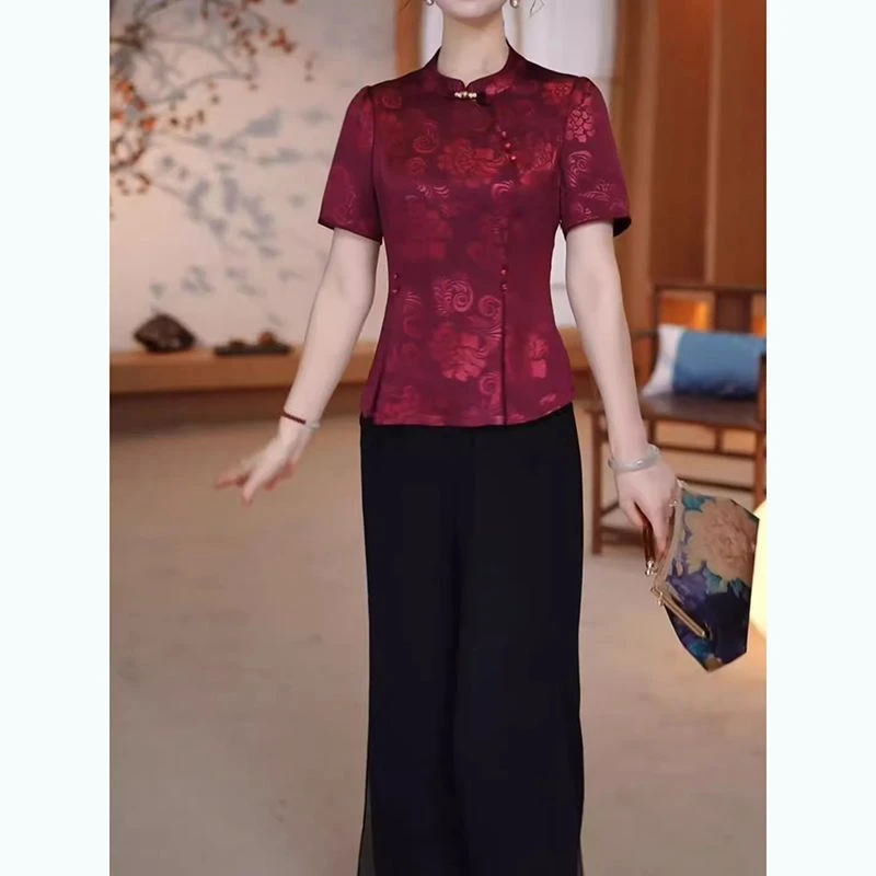 2025夏季新款洋气两件套中式上衣妈妈裤子套装显瘦喜婆婆