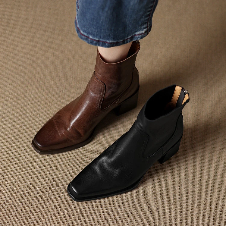 头层牛皮6.5cm～方头高跟复古百搭时尚短靴马丁靴女粗跟时装靴短筒