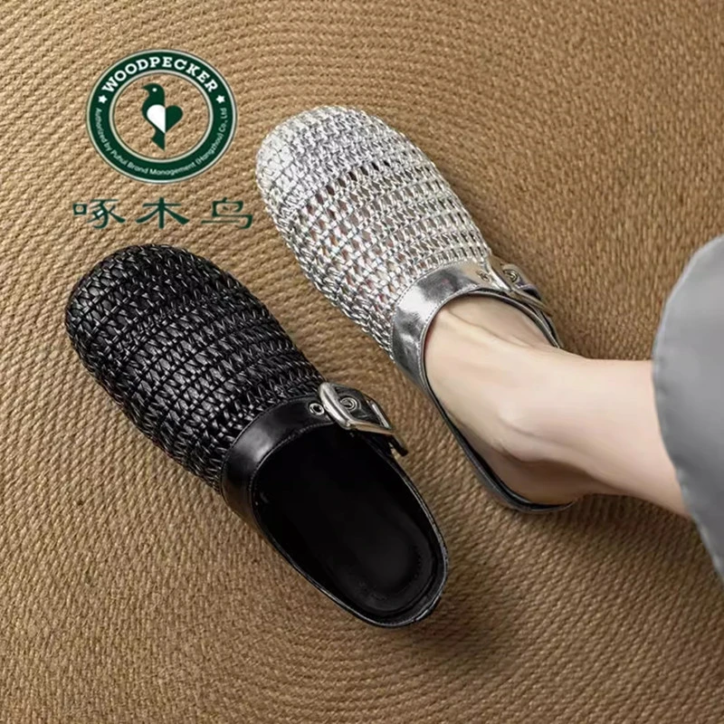 啄木鸟2025新款超火银色包头凉拖鞋女夏外穿平底半拖鞋透气洞洞鞋