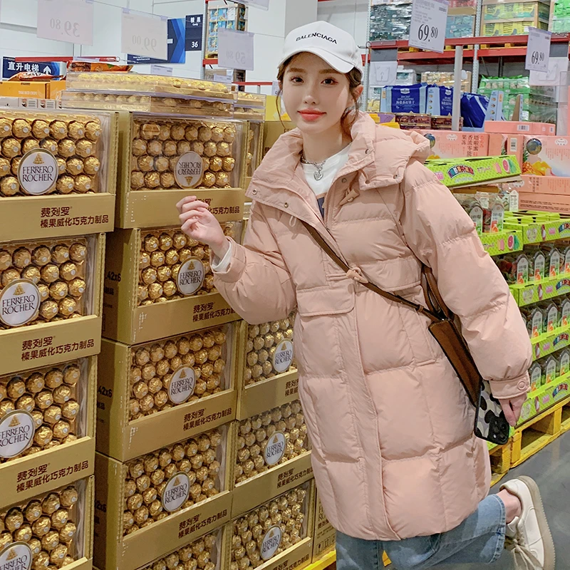 粉色牛角扣中长款羽绒服女冬2025新款设计感洋气白鸭绒面包服外套