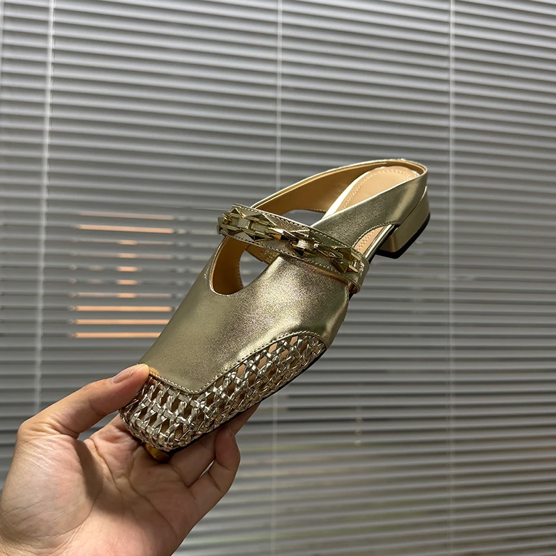 3cm/羊皮/夏季透气粗跟半拖鞋女时尚外穿镂空编织法式中跟皮拖女