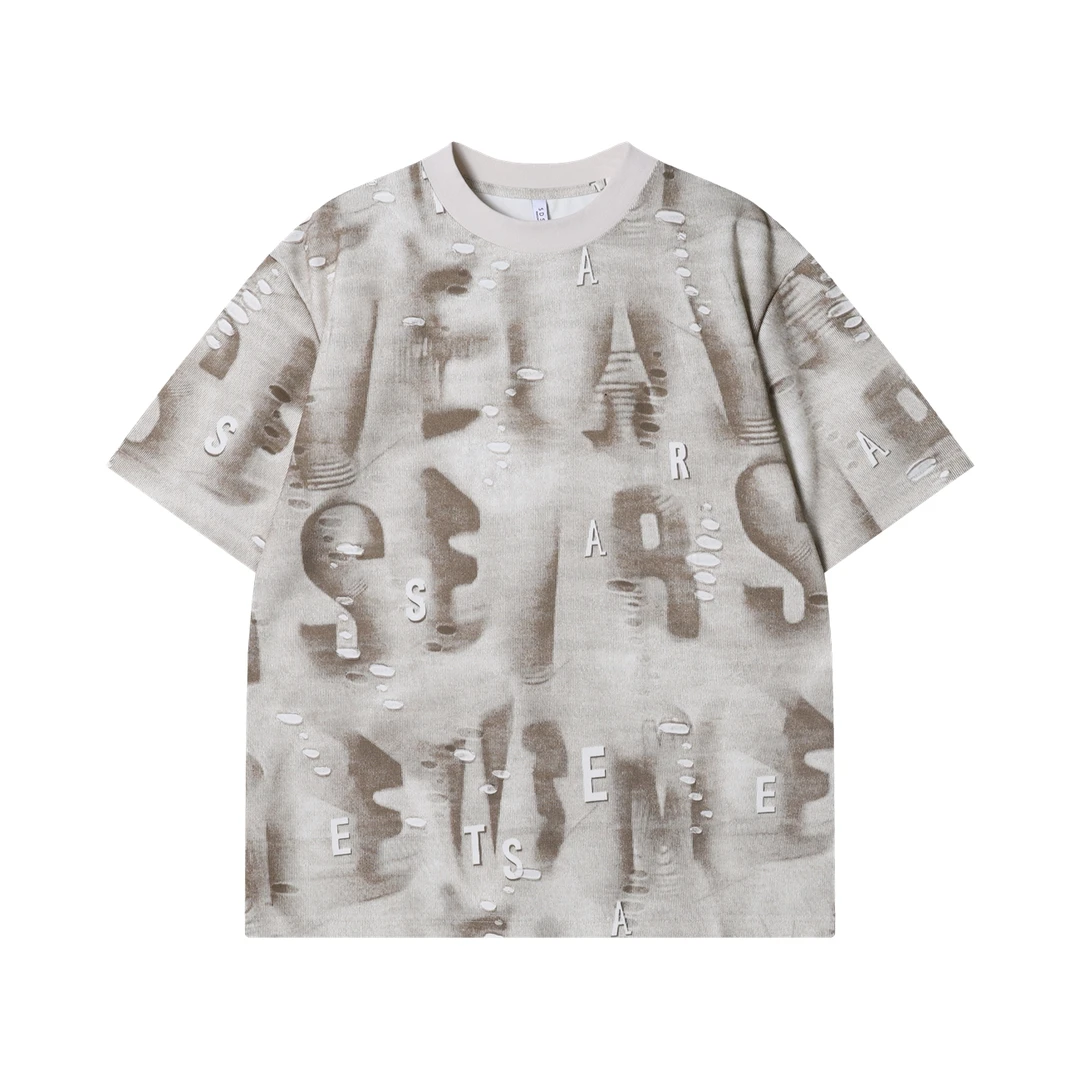 夏季高级感新款美式破洞印花字母圆领短袖T恤晕染痞帅男士上衣