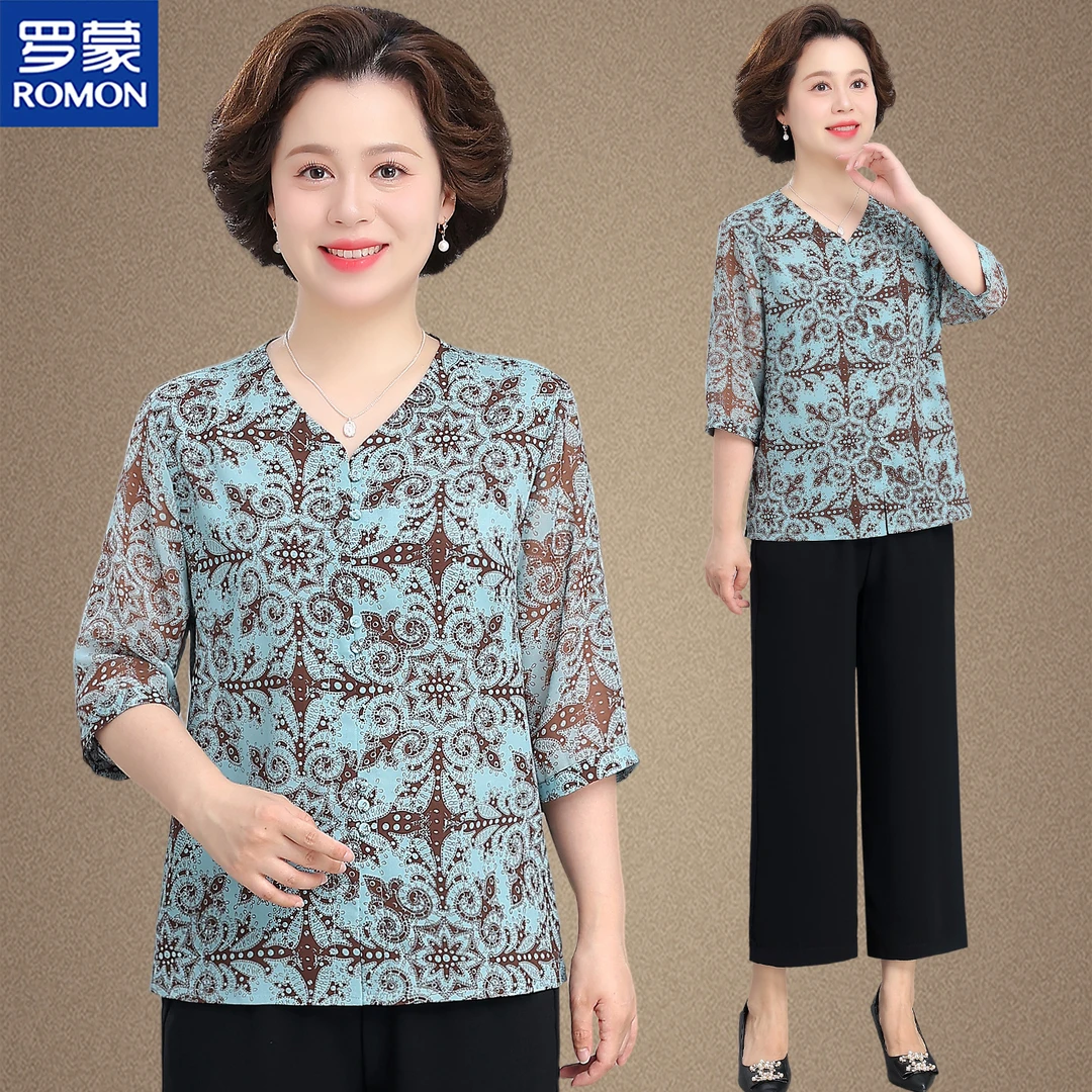 罗蒙夏季国风七分袖减龄显瘦小衫套装中老年人时尚印花衬衫妈妈装