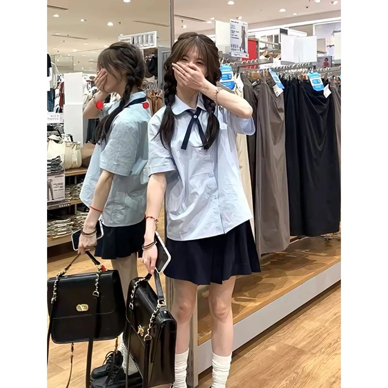 夏季新款学院风jk制服套装女蓝色刺绣衬衫+百褶裙两件套