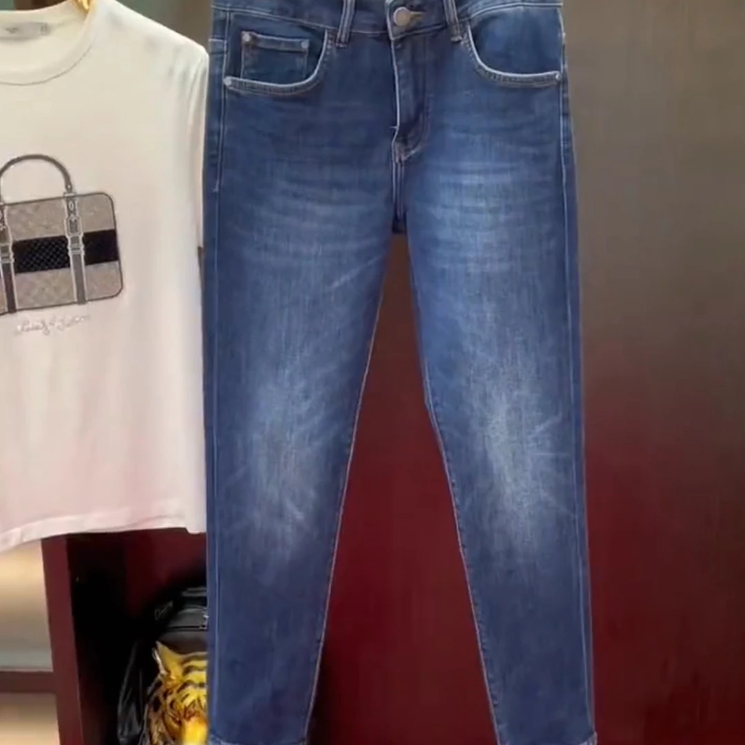 秋冬厚款男牛仔裤子高端轻奢经典洗水弹力面料修身轻奢中腰小脚裤