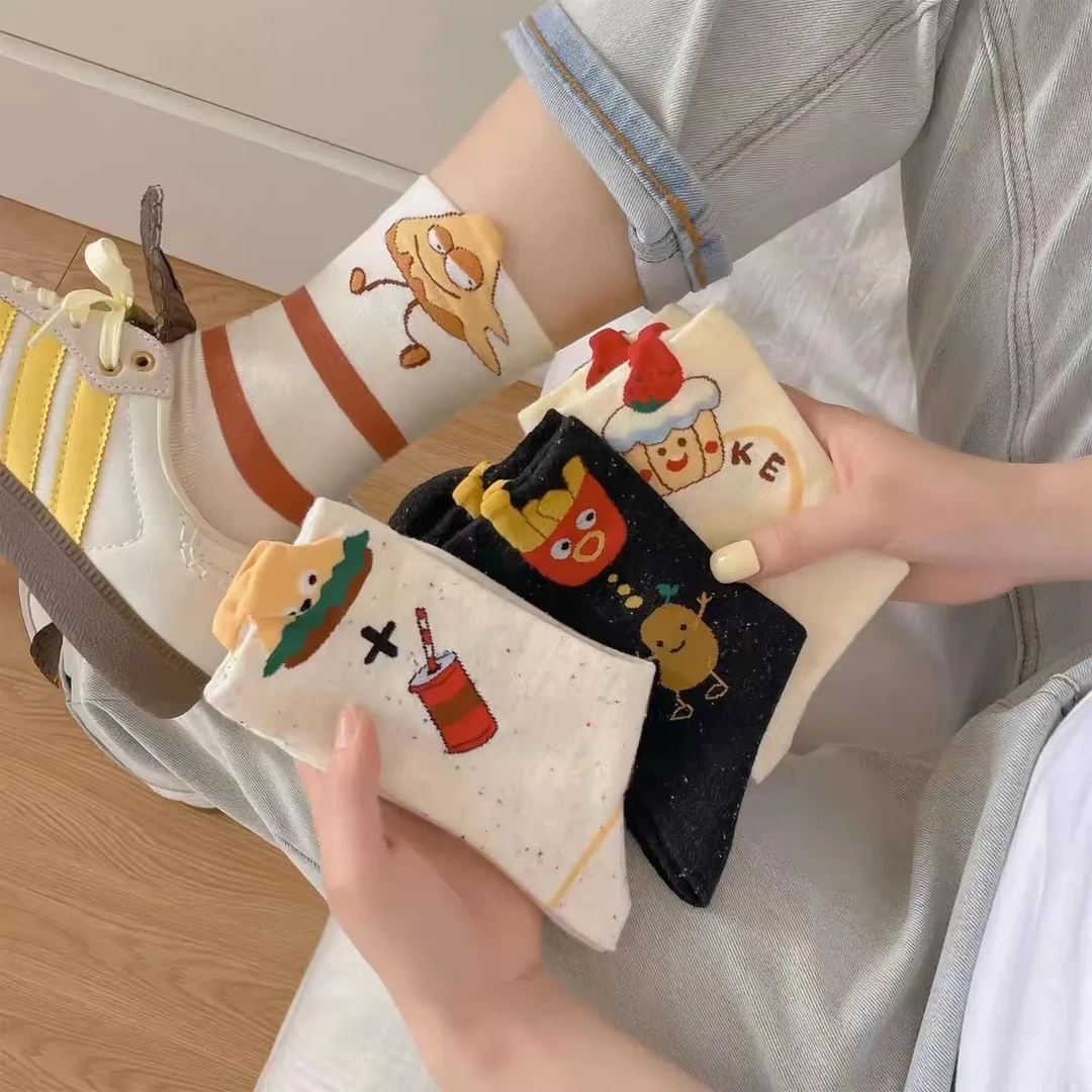 搞怪可爱袜子女中筒袜春秋款日系卡通个性网红款薯条长袜夏天G3
