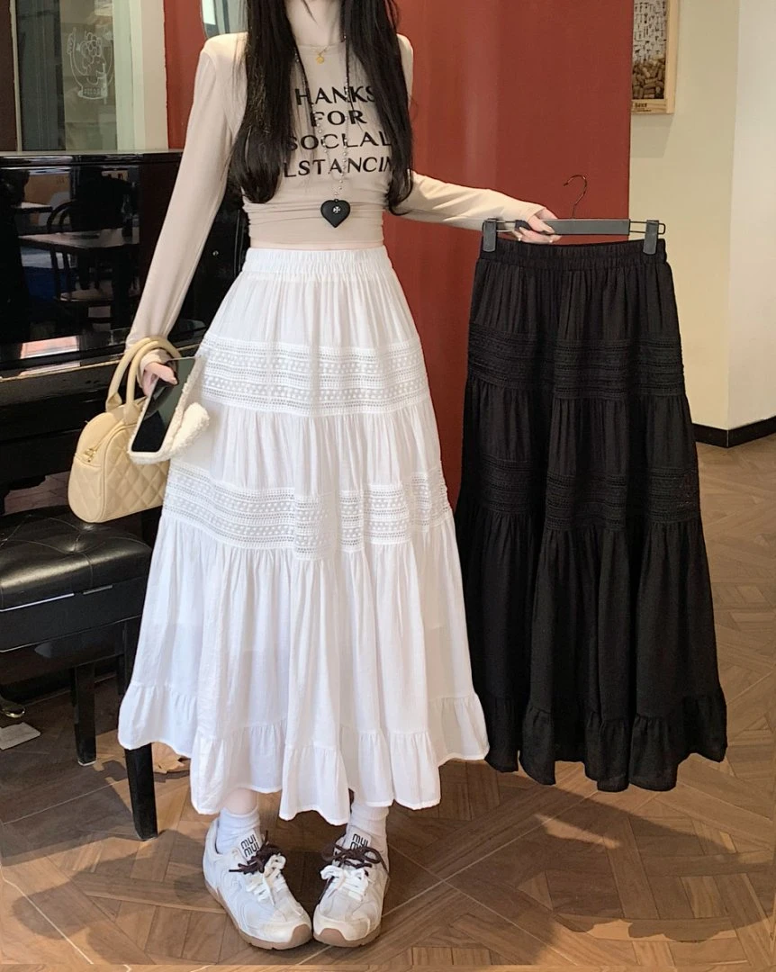 法式花边蛋糕裙女2025春夏季中长款半身裙遮肉显瘦高腰褶皱大摆裙