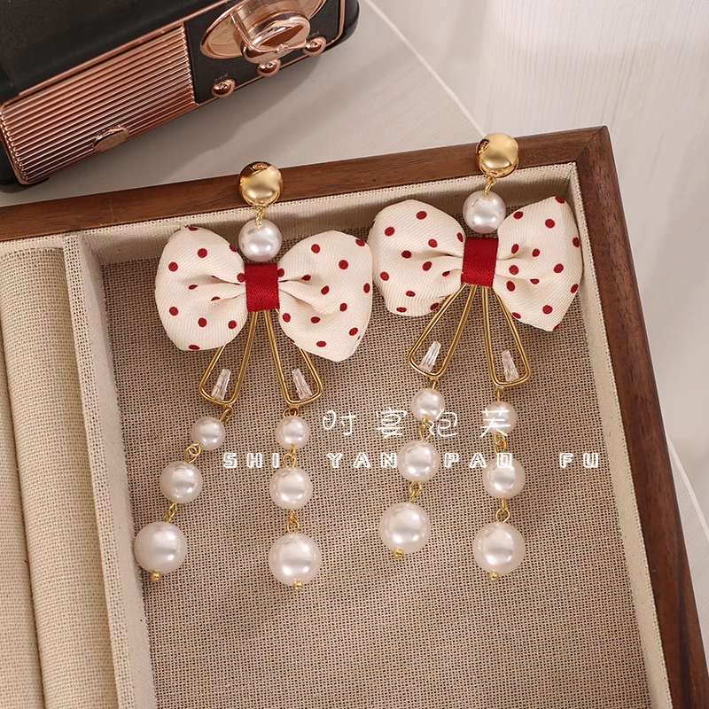 铜合金布艺耳饰 【波点蝴蝶结】波点布艺珠珠流苏新款原创甜美耳饰