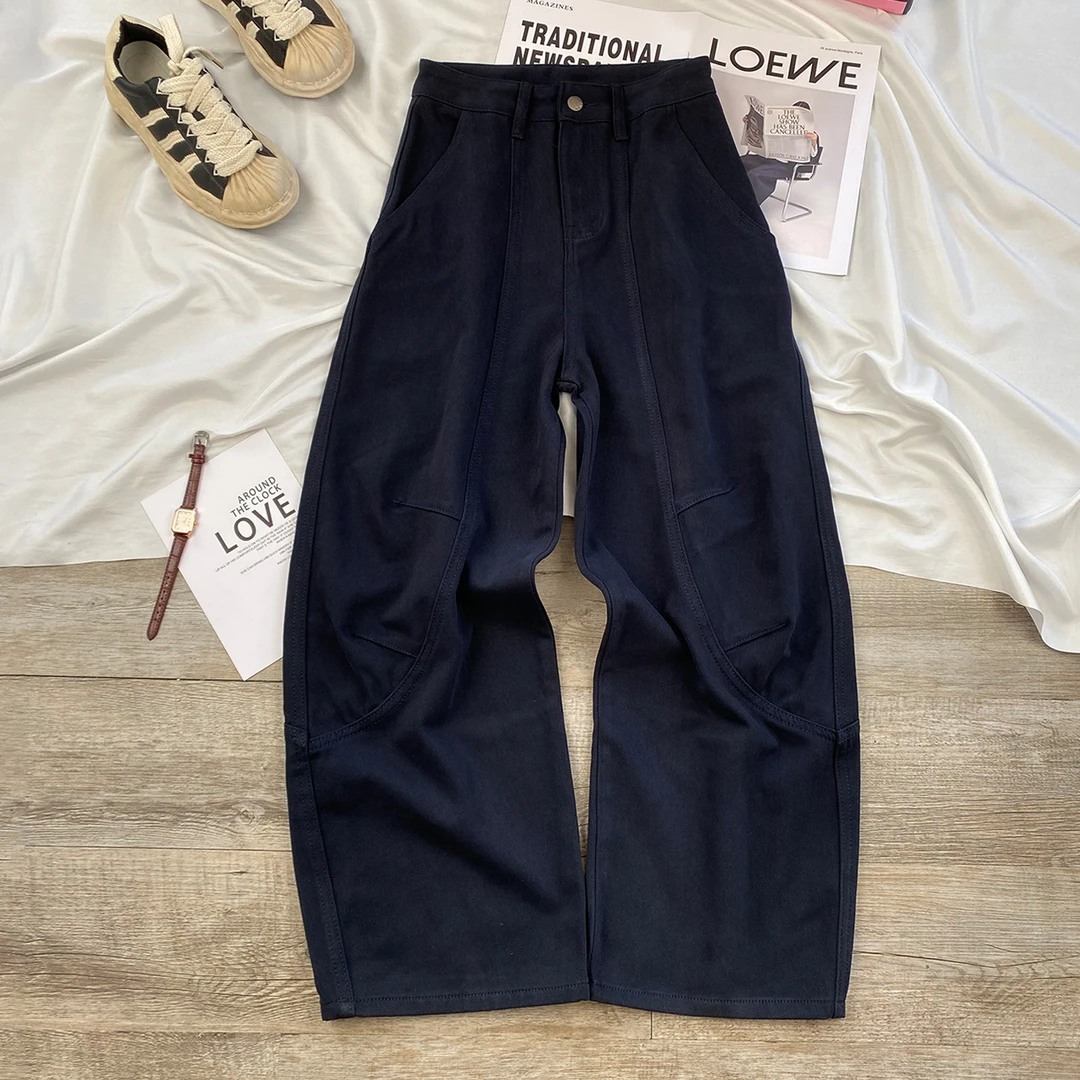 设计感弯刀直筒牛仔裤女2025年早秋新款高腰显瘦宽松超火阔腿裤女