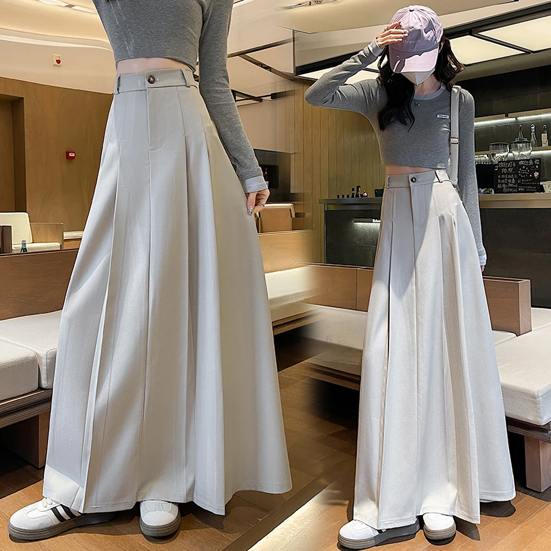 网红西装百褶半身长裙女春夏2025高腰a字显瘦拖地款气质伞裙
