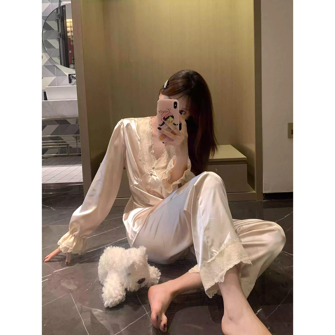 法式纯欲蕾丝V领冰丝睡衣女春秋季新款高级感网红ins风家居服套装