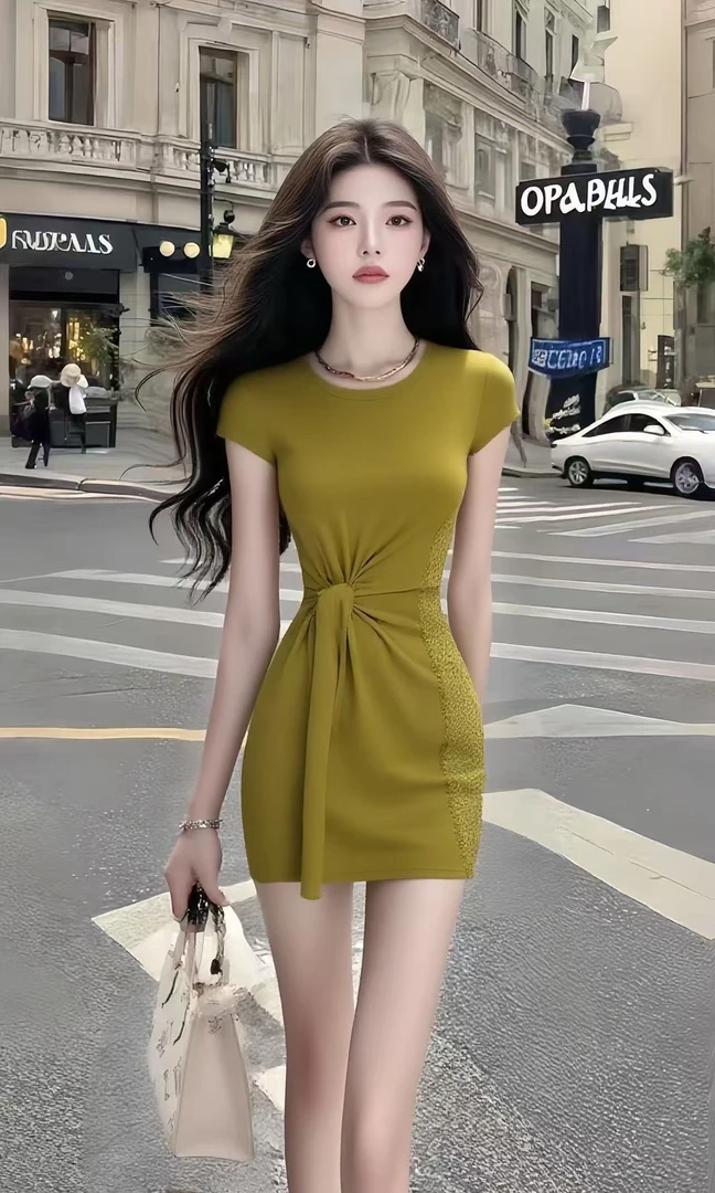 轻奢优雅知性风绿色圆领短袖修身收腰包臀连衣裙高级感时尚女装