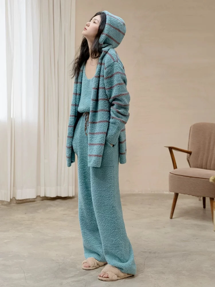 族玛士睡衣女冬款春秋季半边绒加厚珊瑚绒三件套装家居服2025新款