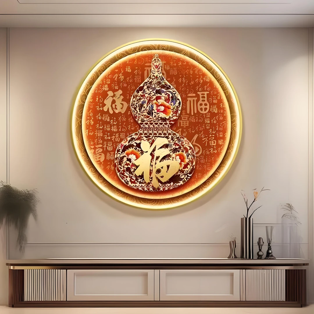 中式福气满满入户玄关装饰画走廊背景墙画圆形带铝合金边框挂画