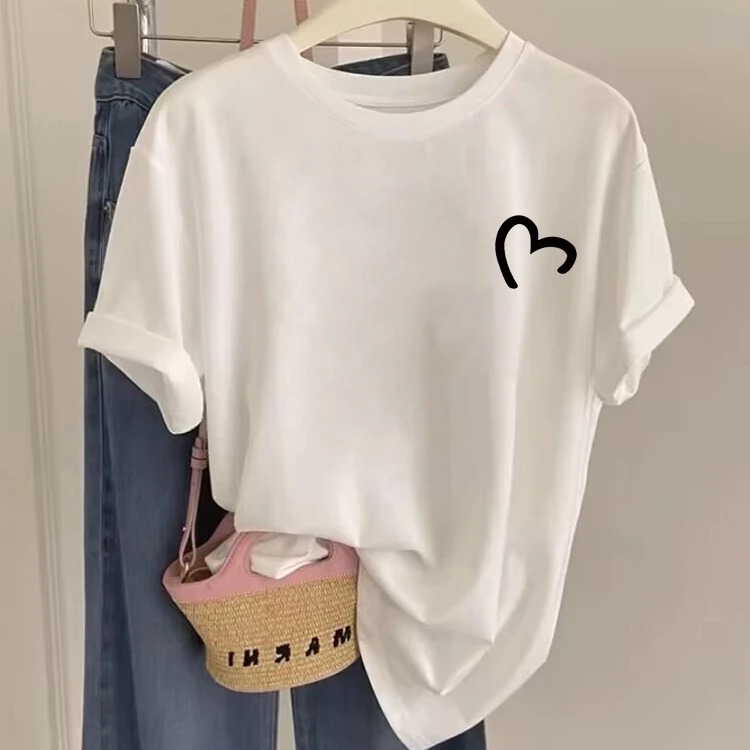 白色纯棉短袖t恤女2025夏季新款爆款大码宽松显瘦简约爱心上衣ins