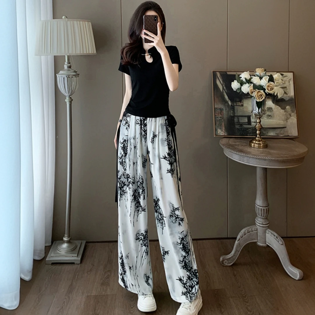 复古休闲运动套装女夏新款时尚洋气短袖t恤水墨国风阔腿裤两件套