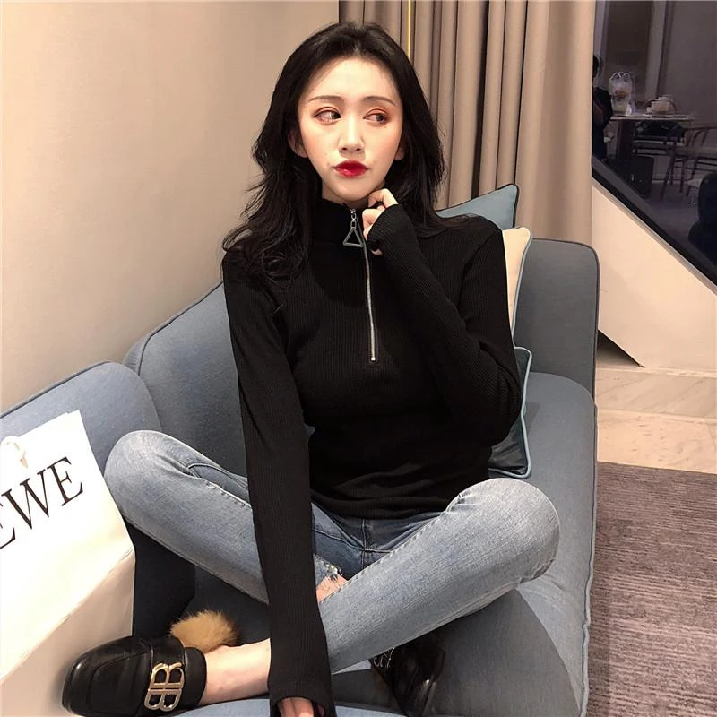 打底衫女内搭秋冬百搭长袖t恤女2025新款修身拉链半高领针织上衣