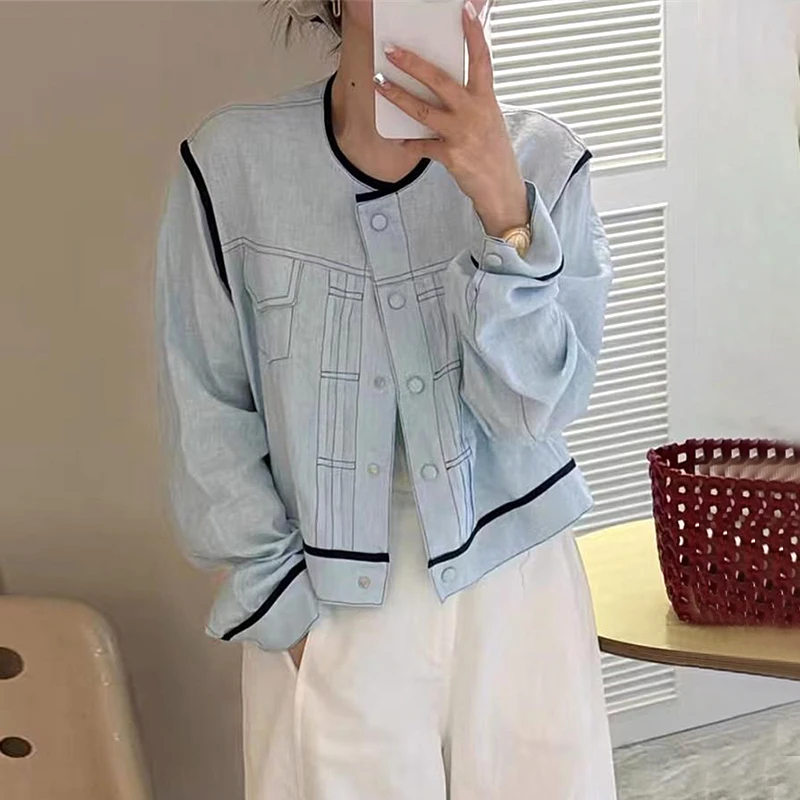 小个子气质减龄撞色圆领衬衫春季新款明线设计时尚百搭单排扣上衣