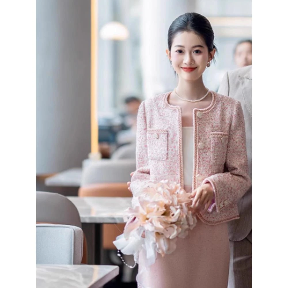 时尚女装2024秋季新款粉色小香风外套法式气质名媛精致粗花呢短款