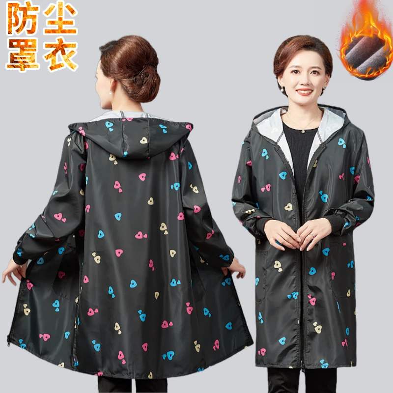 围裙加绒款休闲风时尚工作服外穿防尘拉链长款耐脏家用防污做饭