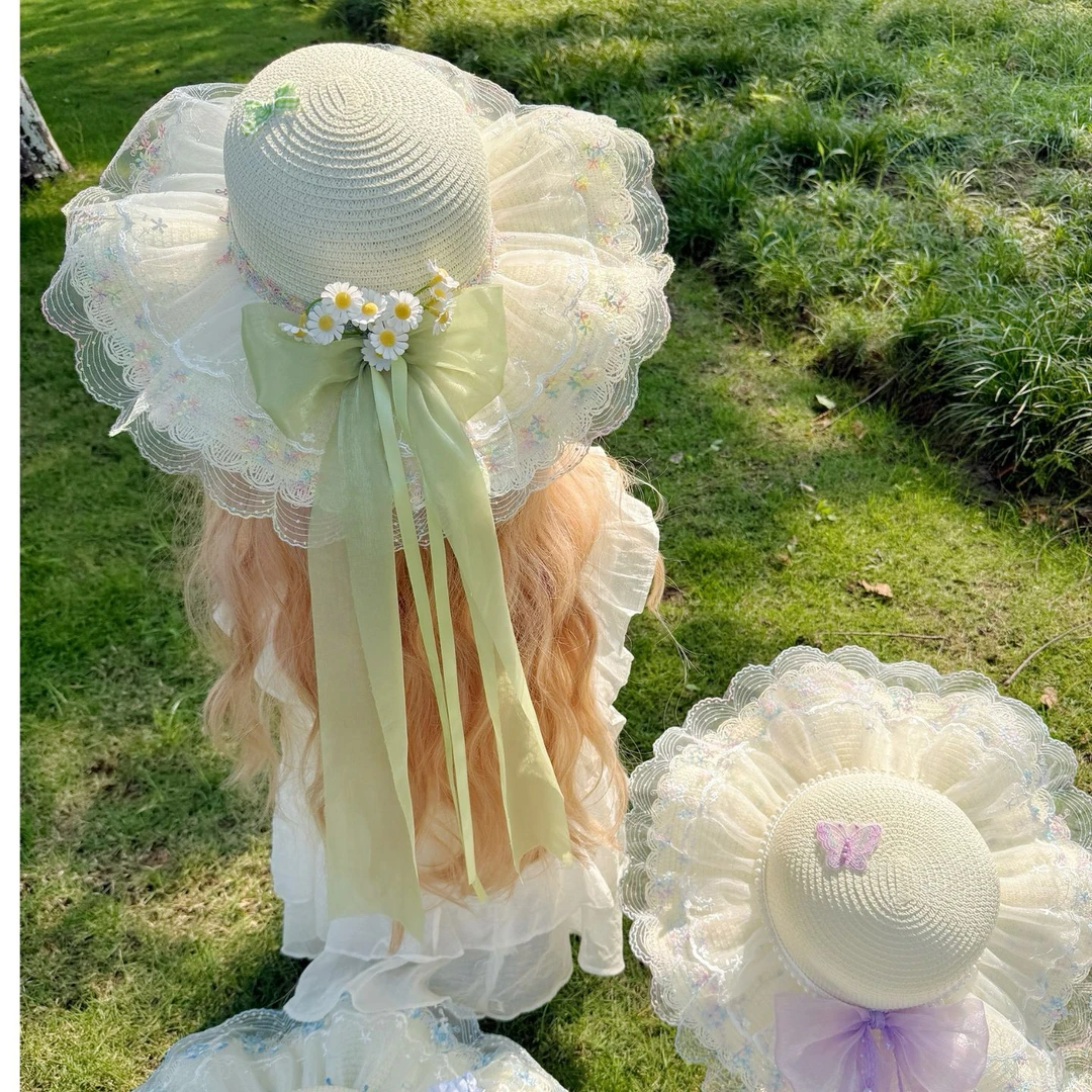法式帽子洛丽塔蕾丝蝴蝶结草帽女夏季海边度假户外遮阳防晒甜美