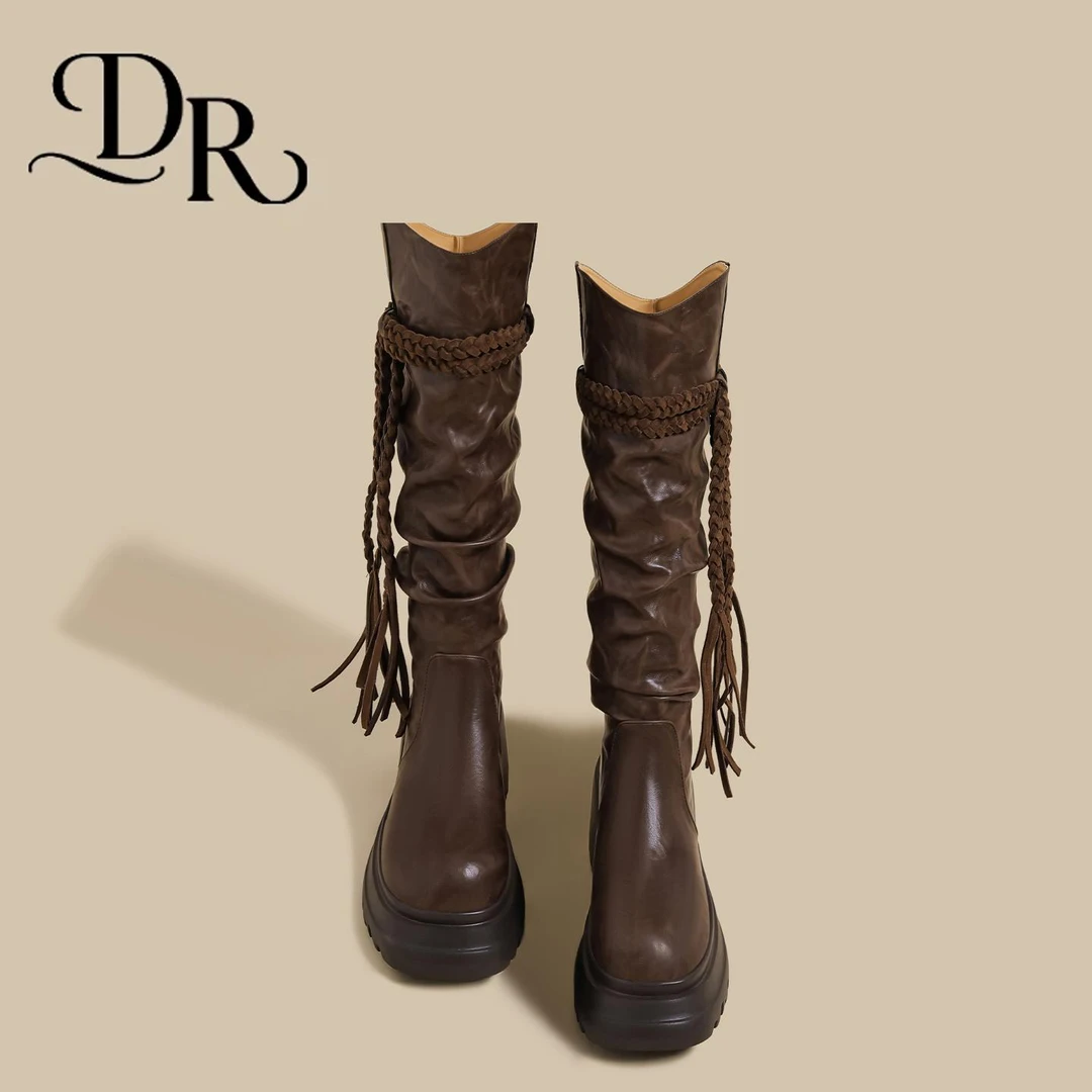 美式轻奢鞋子女款秋冬口褶皱长筒靴女棕色高跟流苏不过膝骑士长靴