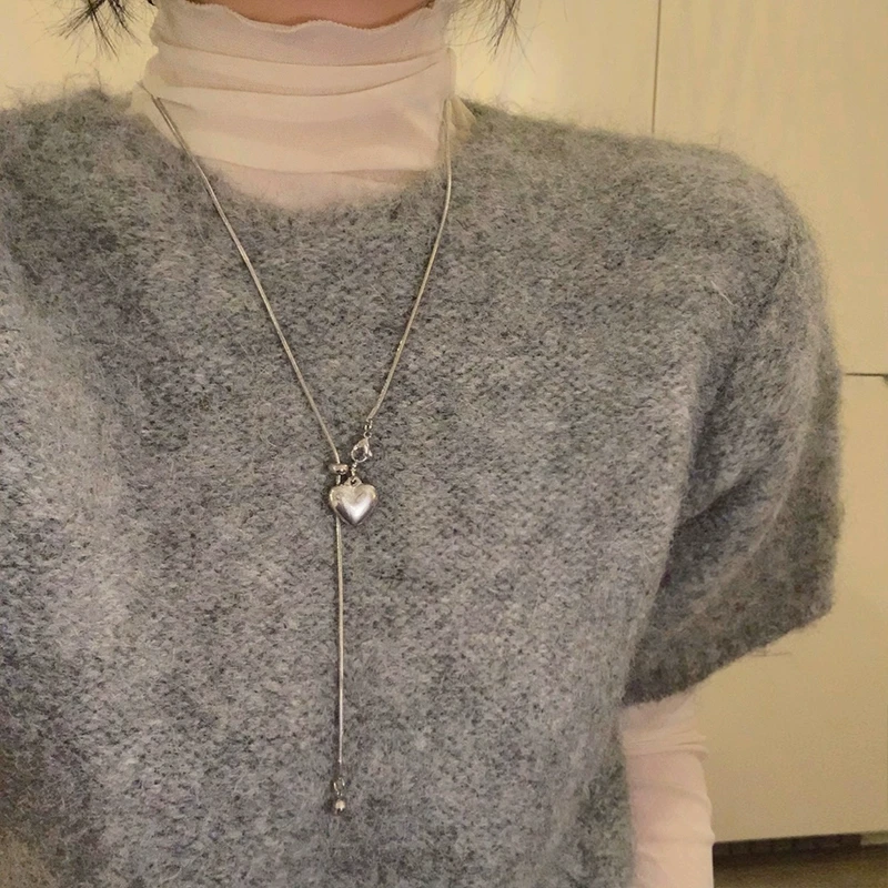 铜合金项链 秋冬百搭简约银色爱心抽拉项链女气质小众毛衣链颈链