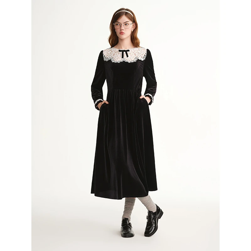 独束大码女装【黑天鹅】蕾丝花边领丝绒修身连衣裙25DS84624/84608