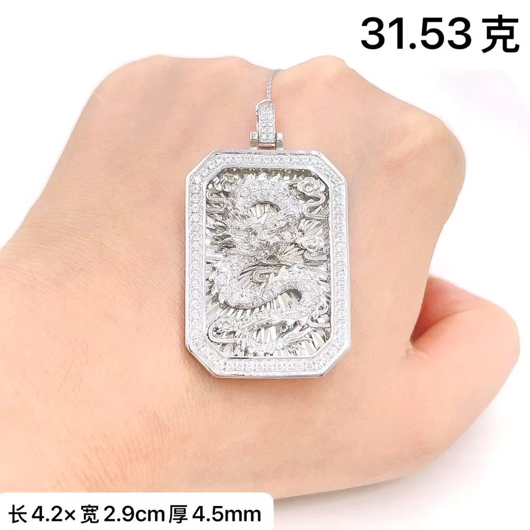 合成锆石铂金Pt950镶石龙牌吊坠霸气时尚-(有附加工费)