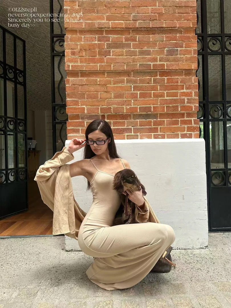 B15-3杏色“纯色”吊带连衣裙（616）