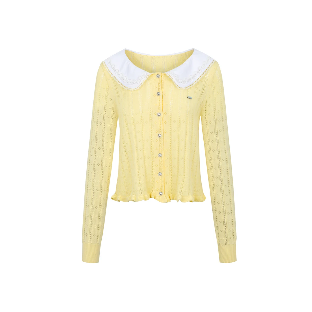 Three Quarters 26SS黄色羊毛镂空双层娃娃领休闲开衫女款6936